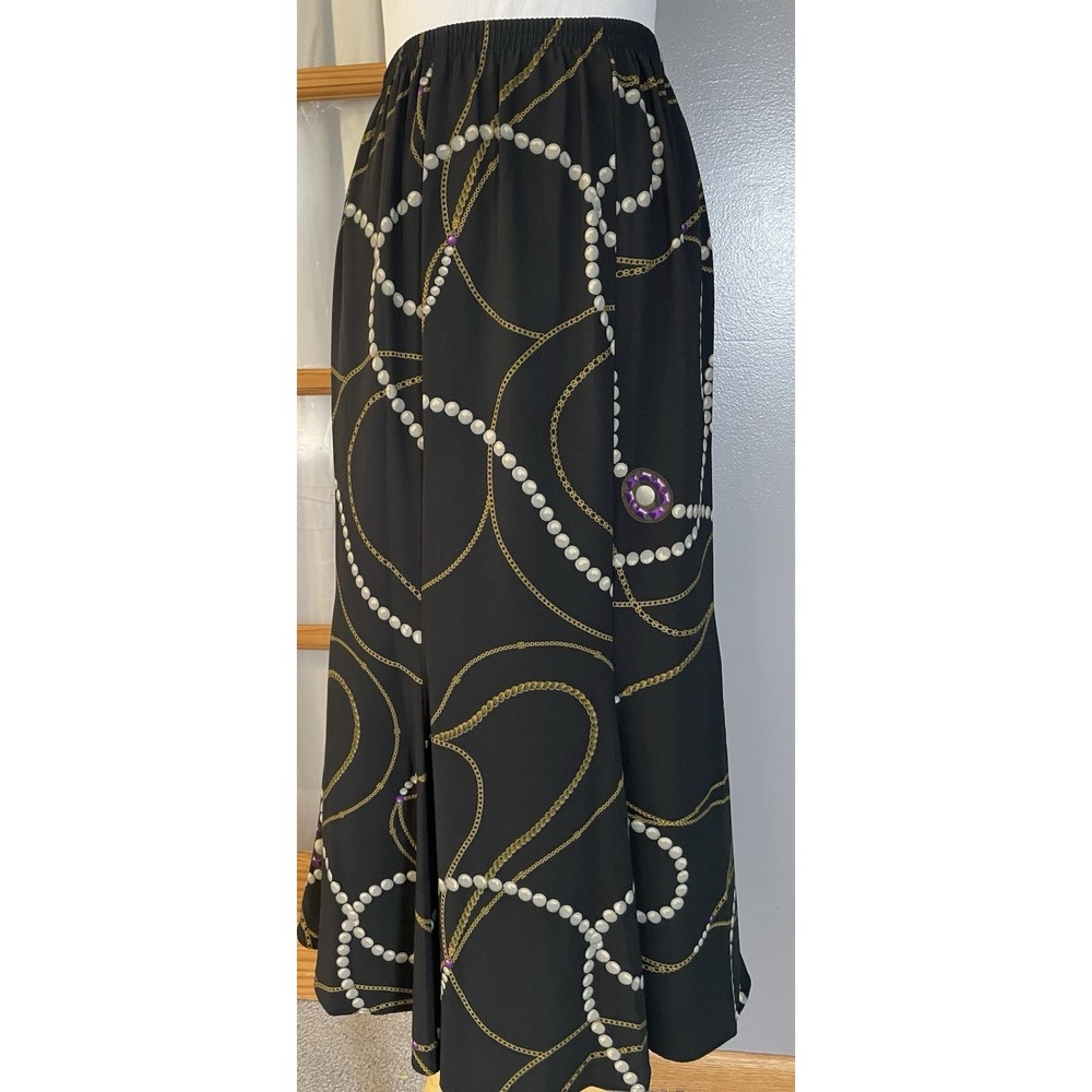 Vtg 90s Leslie Fay A-Line Midi Skirt Sz 8 Black Chain Pearl Print Pull On Party